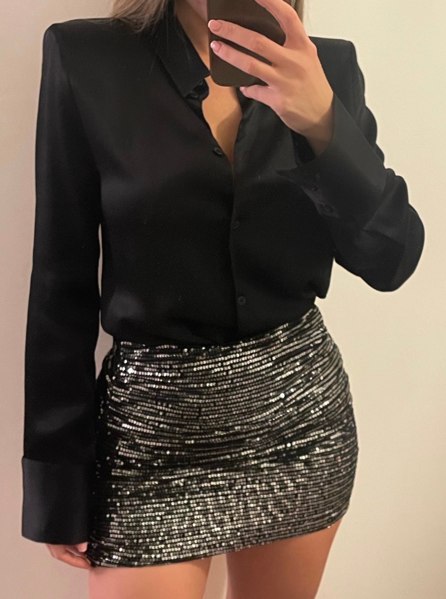 Gunmetal Silver Sequin Ruched Skirt